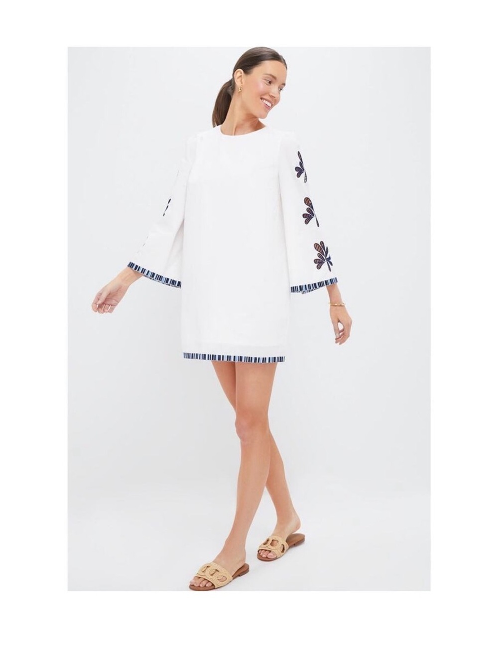 White Embroidered Bell-Sleeve Mini Dress